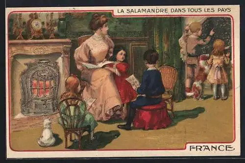 Künstler-AK La Salamandre dans tous les Pays, Familie am Kamin