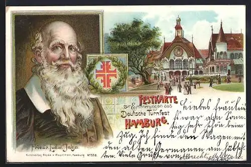 AK Hamburg, Besucher beim Deutschen Turnfest mit Portrait von Turnvater Jahn