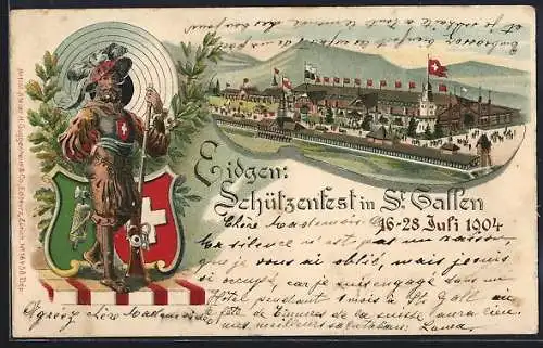 Lithographie St. Gallen, Schützenfest 1904, Schweizer in Tracht und mit Gewehr