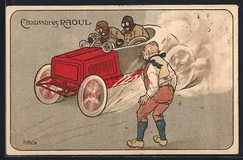 Künstler-AK Autorennen, Rennwagen in rasanter Fahrt, Reklame für Chaussures Raoul