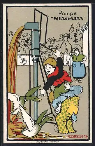 AK Reklame für die Pumpe Niagara, Jungen spielen Enten einen Streich