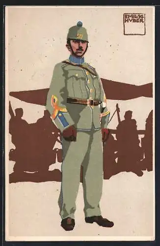 Künstler-AK sign. Emil Huber: Schweizer Soldat, 9. Sanität. Fourier in Felduniform