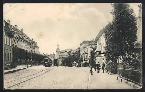 AK Bad Warmbrunn, Schlossplatz mit Strassenbahnen
