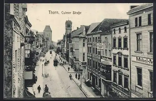 AK Thorn, Culmer-Strasse mit Pferdebahnen und Möbelgeschäft