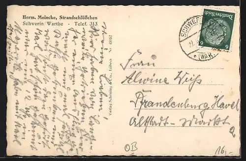 AK Schwerin /Warthe, Strandschlösschen v. Herm. Meincke