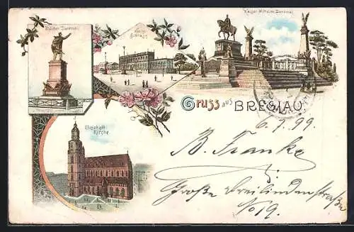 Lithographie Breslau, Kaiser Wilhelm-Denkmal, Blücher-Denkmal, Elisabeth-Kirche