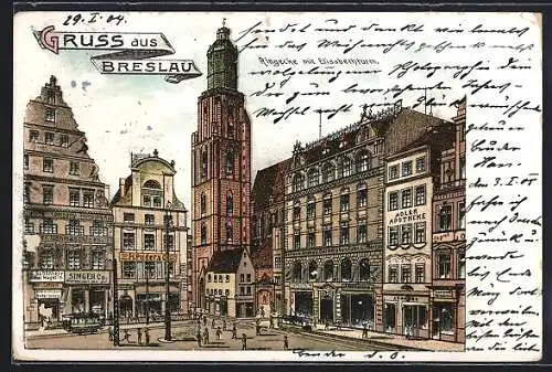 Lithographie Breslau, Ringecke mit Elisabethturm