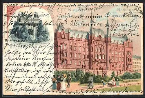 Lithographie Stettin, Rathaus mit Park, Königstor