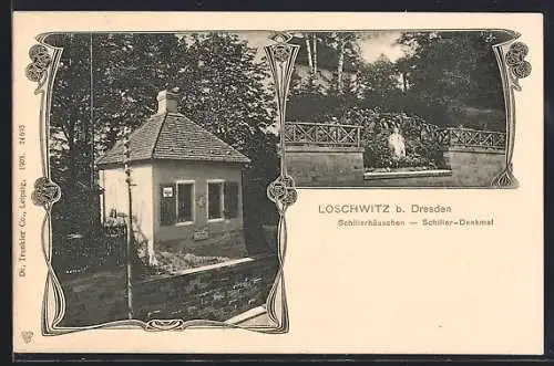 AK Loschwitz b. Dresden, Schillerhäuschen und Schiller-Denkmal