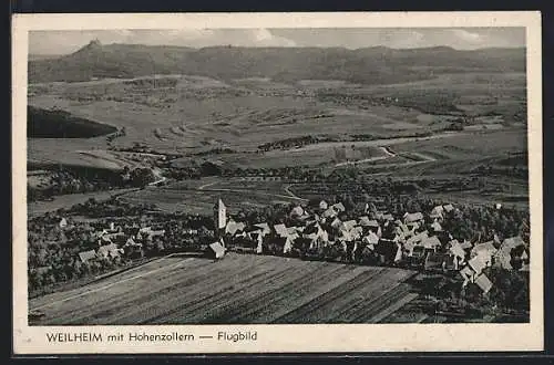 AK Weilheim / Hechingen, Flugbild des Ortes samt Hohenzollern