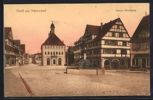 AK Schorndorf / Württ., Oberer Marktplatz mit Geschäften und Brunnen