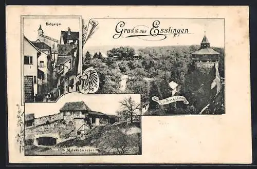 AK Esslingen / Neckar, Der Burggarten, Hidigeigei und das Melakhäuschen