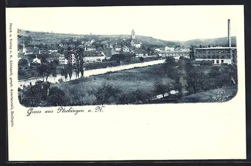 AK Plochingen a. N., Flusspartie mit Panorama