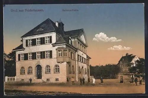 AK Plüderhausen, Rathaus-Partie mit Passanten