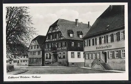 AK Welzheim, Rathaus mit Kreissporthalle und Strassenpartie
