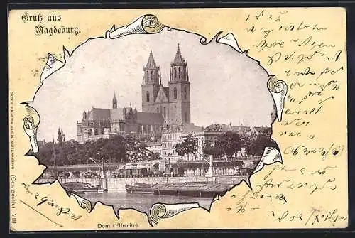 AK Magdeburg, Dom von der Elbseite, Passepartout