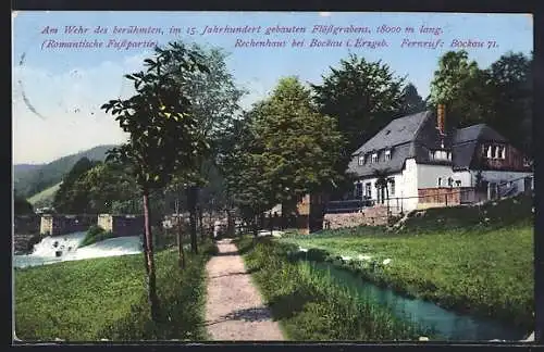 AK Zschorlau, Gasthaus Rechenhaus, Am Wehr des im 15. Jahrhundert gebauten Flössgrabens