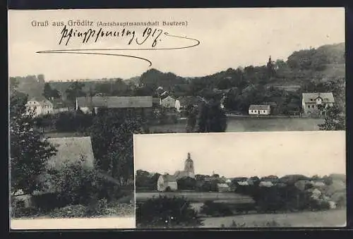 AK Gröditz /Bautzen, Ortsansichten mit Panorama und Kirchturm