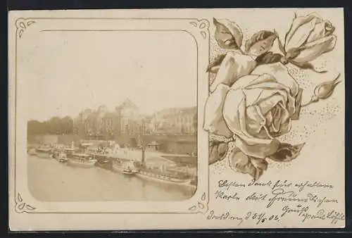 AK Dresden, Flusspartie mit Dampfern, Passepartout mit Rosen