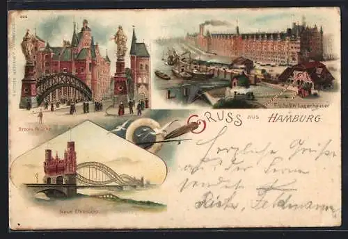 Lithographie Hamburg, Brooks-Brücke und Neue Elbbrücke, Lagerhäuser am Freihafen