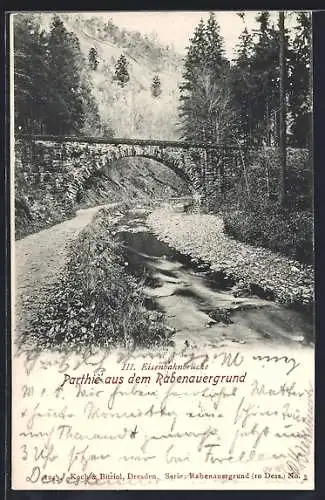 AK Rabenau, Partie aus dem Rabenauergrund mit Eisenbahnbrücke