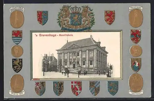 AK `s Gravenhage, Mauritshuis, Denkmäler von Plein 1813, Rembrandt und Wiilem I., Wappen, Passepartout