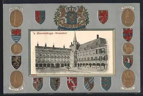AK `s Gravenhage, Binnenhof, Denkmäler von Plein 1813, Rembrandt und Wiilem I., Wappen, Passepartout