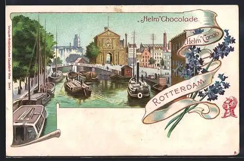 Lithographie Rotterdam, Uferpartie mit Booten, Reklame für Helm Chololade