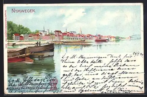 Lithographie Nymwegen, Panorama mit Booten, Reklame für Helm Chocolade