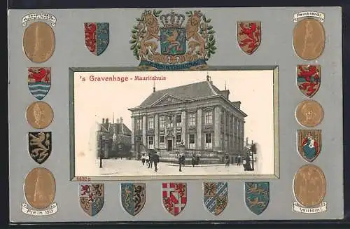 AK `s Gravenhage, Mauritshuis, Denkmäler von Plein 1813, Rembrandt und Wiilem I., Wappen, Passepartout