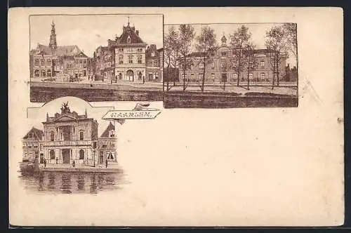 Lithographie Haarlem, Rathaus, Strassenpartie, Uferpartie
