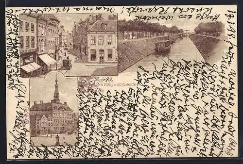 Lithographie `s Hertogenbosch, Rathaus, Strassenpartie, Uferpartie