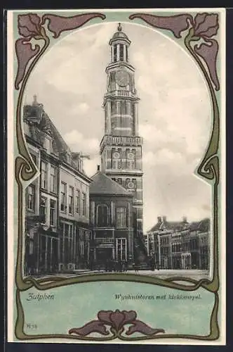 Lithographie Zutphen, Wynhuistoren met klokkenspel, Blumen, Passepartout
