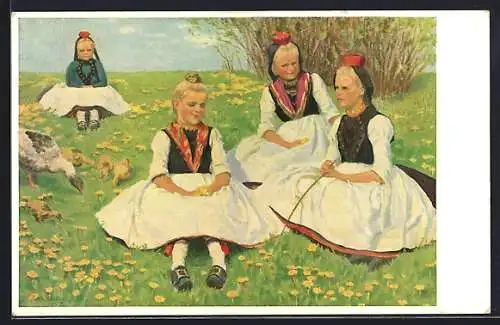 Künstler-AK Junge Mädchen in hessischer Tracht