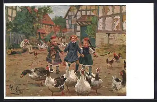 Künstler-AK Kinder in Tracht beim Spiel mit Gänsen