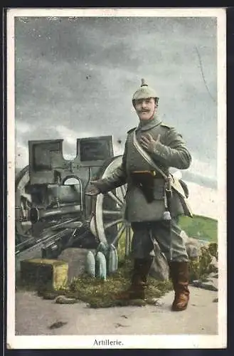 AK Soldat der Artillerie in Uniform mit Geschütz
