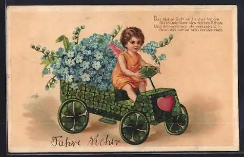 Künstler-AK Auto aus Kleeblättern mit Vergissmeinnicht