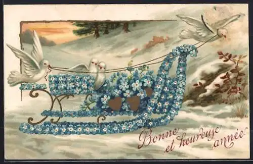 AK Schlitten aus Vergissmeinnicht mit Tauben