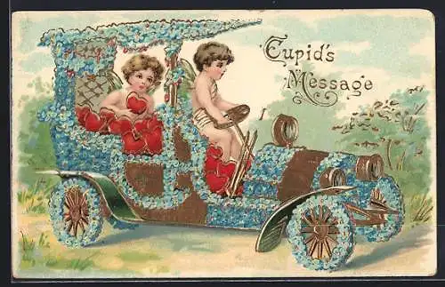 Künstler-AK Elfen in Auto aus Vergissmeinnicht, Cupid`s Message