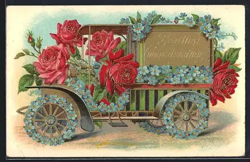 Künstler-AK Auto aus Vergissmeinnicht mit roten Rosen, Heartiest Congratulations