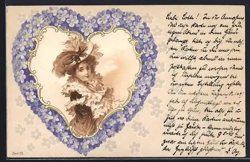 Künstler-AK Portrait einer Frau in herzförmigen Rahmen aus Vergissmeinnicht