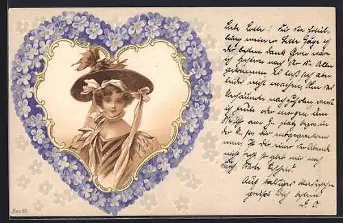 Künstler-AK Portrait einer Frau in herzförmigen Rahmen aus Vergissmeinnicht