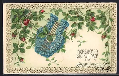 Künstler-AK Laute aus Vergissmeinnicht mit Rosen