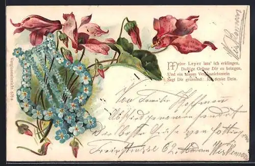 Künstler-AK Laute aus Vergissmeinnicht mit Gedicht