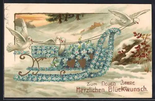 Künstler-AK Schlitten aus Vergissmeinnicht mit weissen Tauben