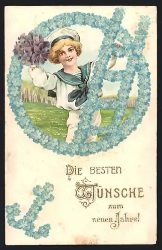 Künstler-AK Matrose mit Leiter, Anker und Rahmen aus Vergissmeinnicht