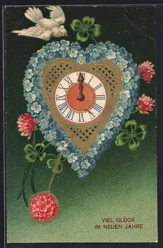 Künstler-AK Herzförmige Uhr mit Vergissmeinnicht, Klee und Taube