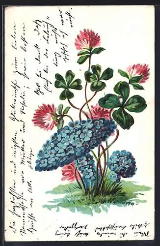 AK Hör` zu was dieses Blümchen spricht..., Klee und Vergissmeinnicht-Pilz
