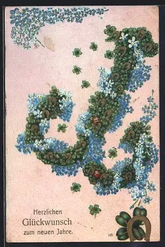 AK Anker aus Kleeblättern und Vergissmeinnicht, Marienkäfer und Hufeisen