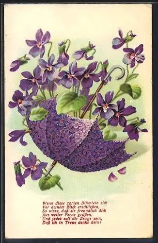 Künstler-AK Regenschirm aus Veilchen mit Gedicht